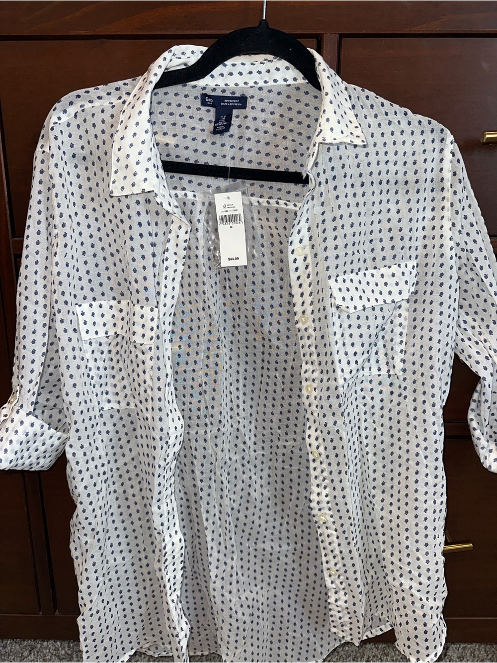 GAP White Button-Down Shirt with Navy Dot Print